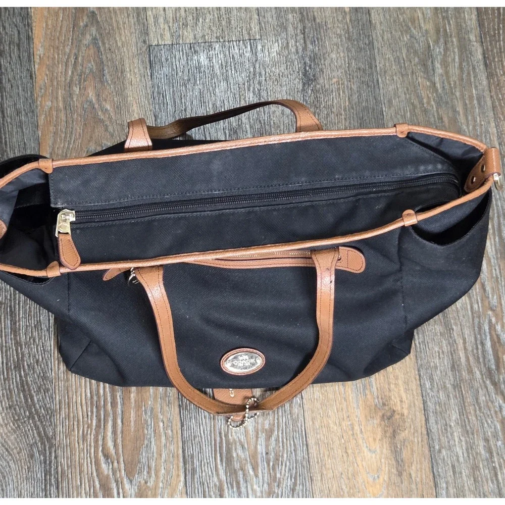 Coach Diaper Bag Tote Black Canvas Tan Leather Trim Gold Hardware F13803